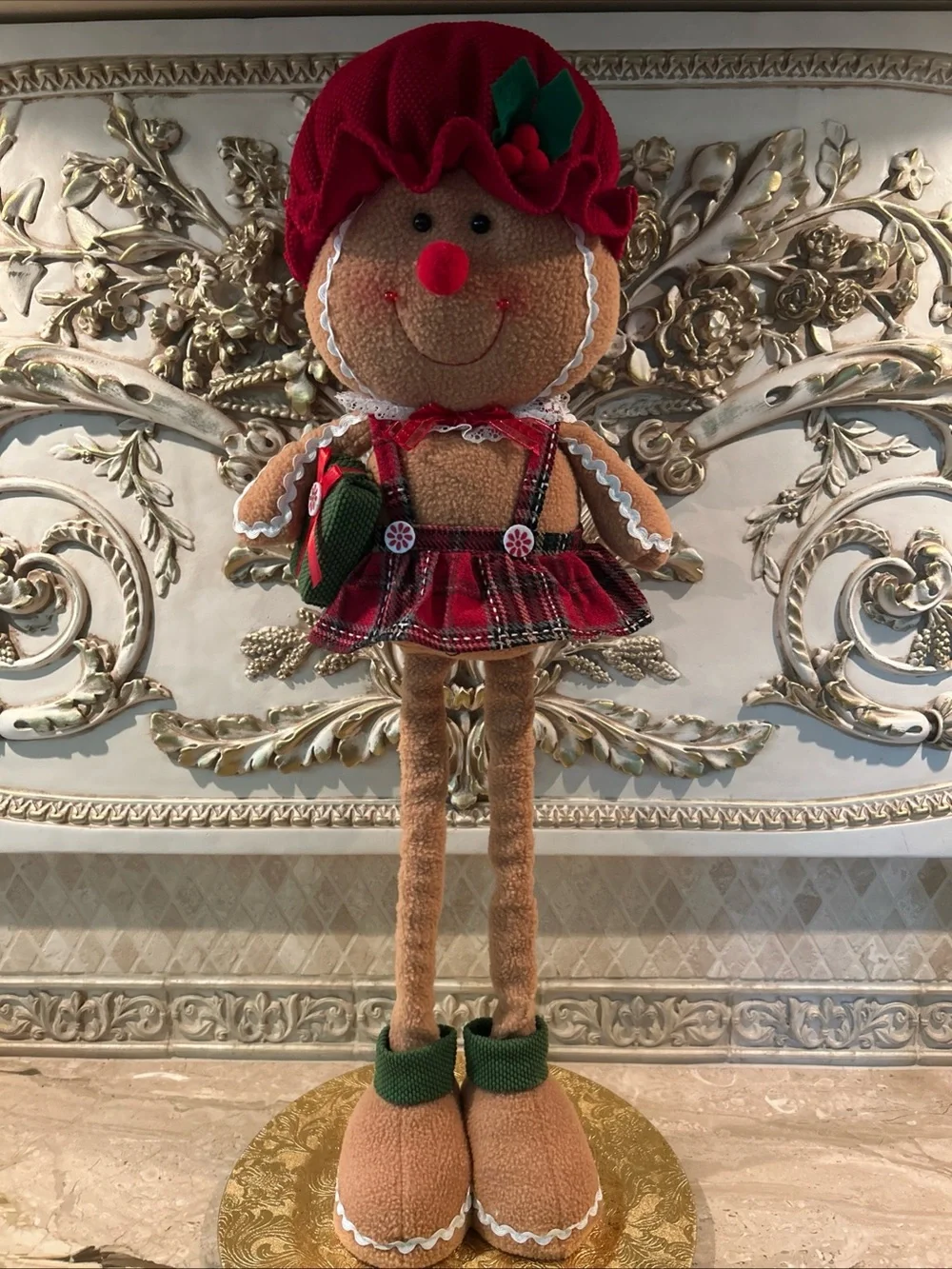 NWT Holiday Gingerbread Doll Plush - Red Hat and Plaid Dress 30”